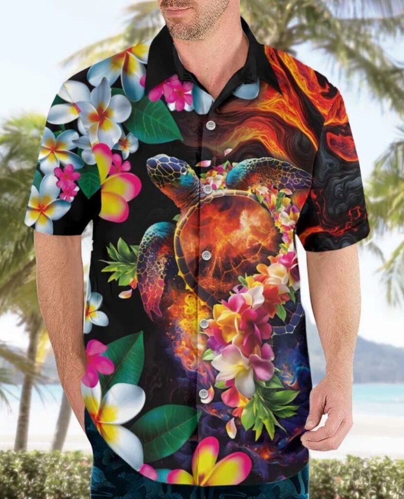 Hawaiian Lei Day Hawaiian Shirt Colorful Plumeria and Volcanic Turtle with Abstract Lava Texture
