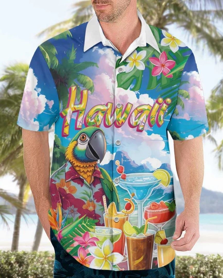 Hawaii Cocktails Hawaiian Shirt Parrot with Cute Beach Landscape and Tropical Plants