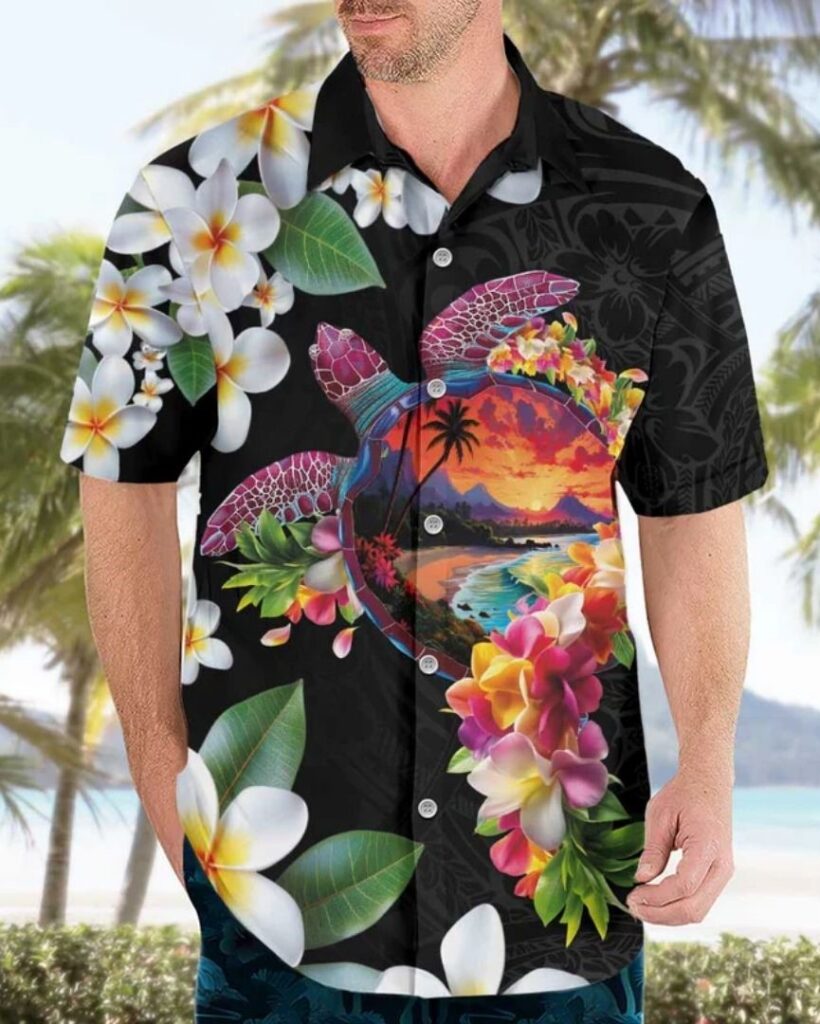 Hawaiian Lei Day Hawaiian Shirt Plumeria and Turtle with Polynesian Tribal Pattern