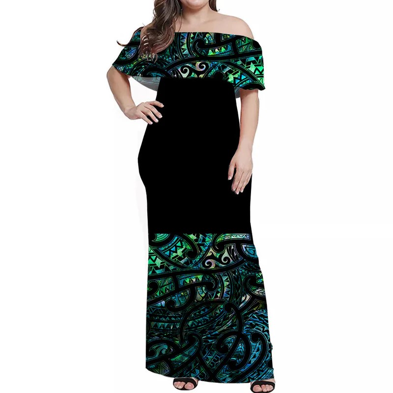 New Zealand Off Shoulder Long Dress Maori Paua Shell