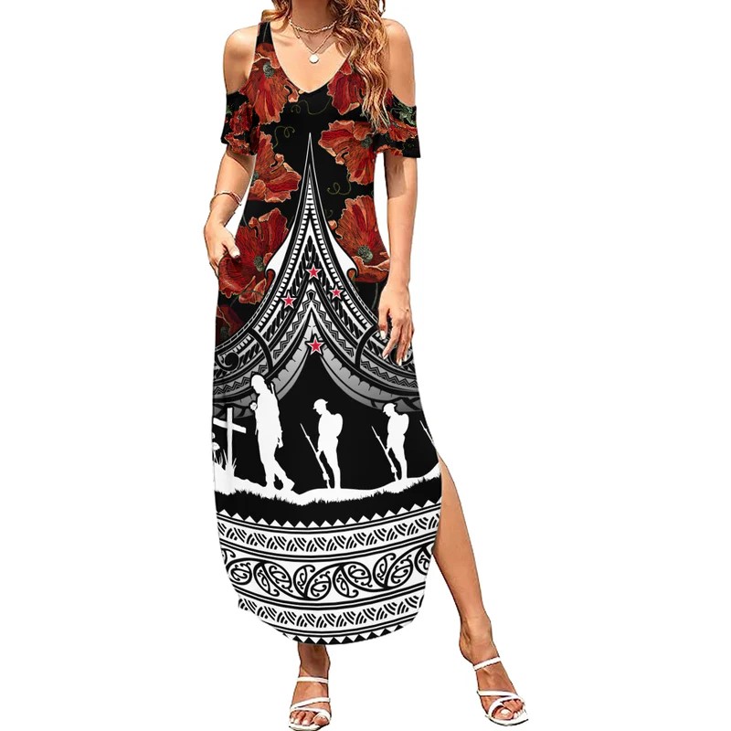 New Zealand ANZAC Day Summer Maxi Dress Poppy With Polynesian Pattern LT01