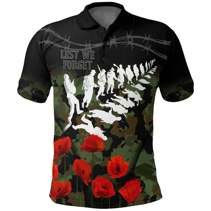 Polynesian Pride Clothing New Zealand ANZAC Lest We Forget Poppy Camo Polo Shirt