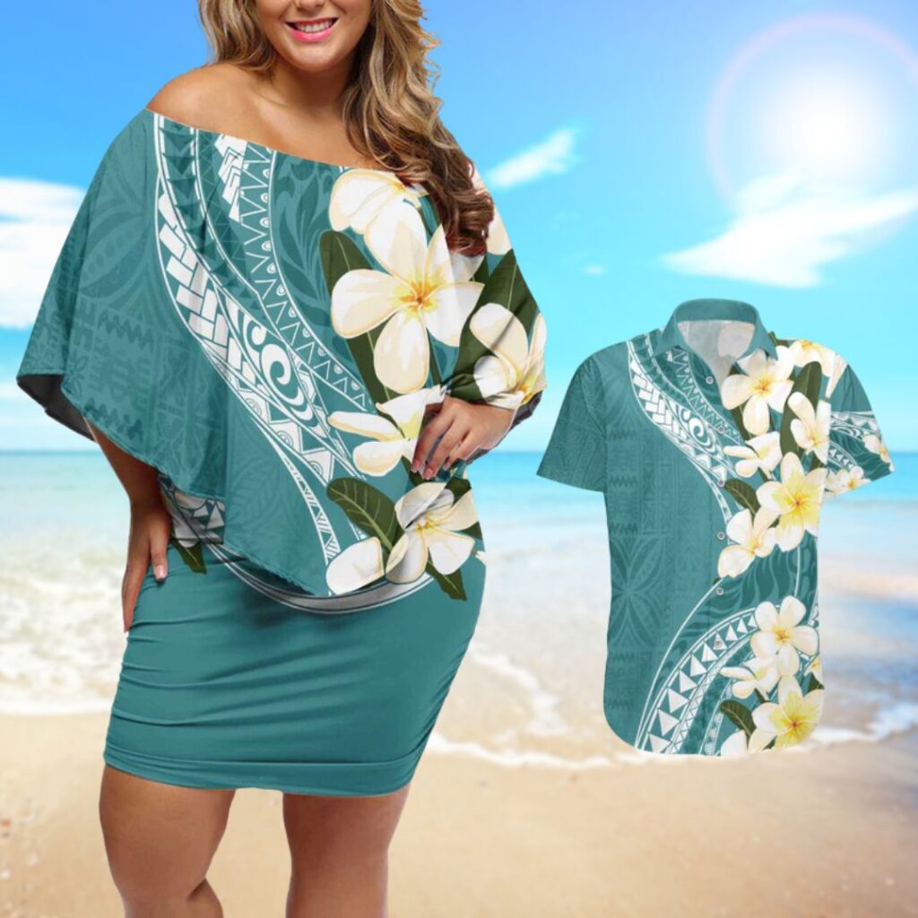 Aloha Hawaii Festive Couples Matching Off Shoulder Short Dress and Hawaiian Shirt Frangipani Lace Classic - hawaiian dress for party