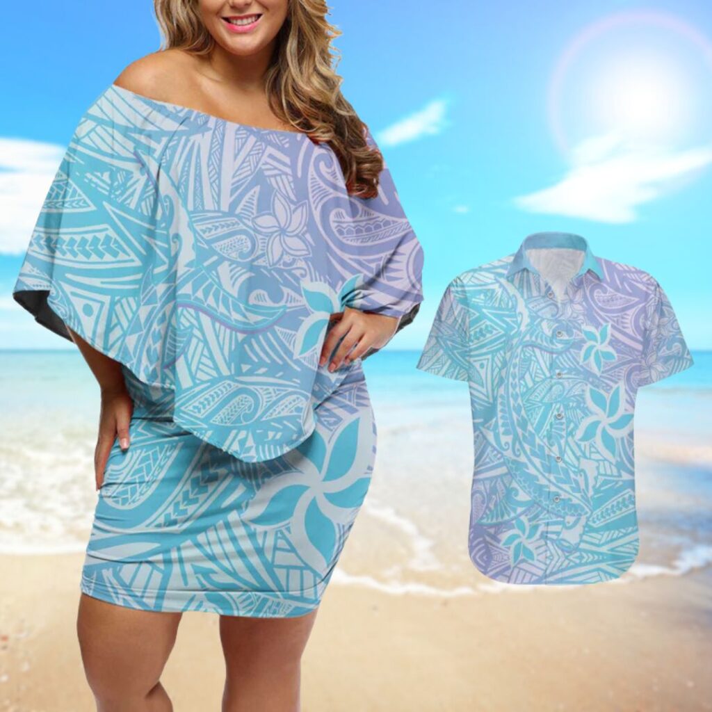 Baby Blue Gradient Polynesia Couples Matching Off Shoulder Short Dress and Hawaiian Shirt - hawaiian dress for party