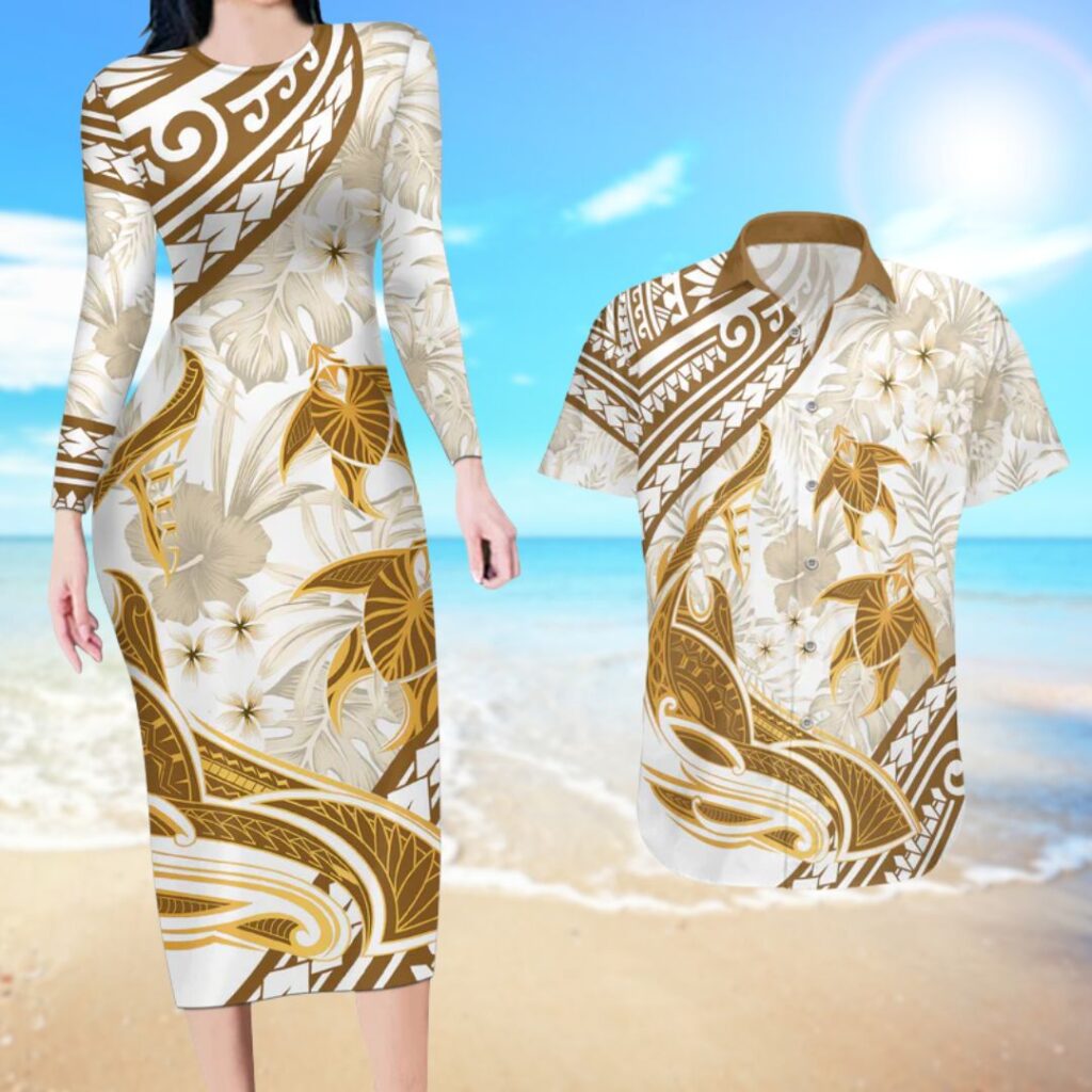 Gold Polynesia Couples Matching Long Sleeve Bodycon Dress and Hawaiian Shirt Polynesian Turtle Shark Tattoo Tropical Vintage - hawaiian dress for party
