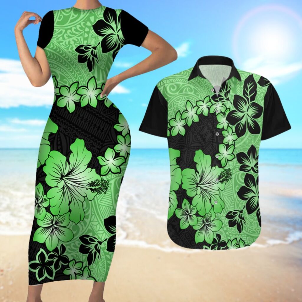 Green Hawaii Couples Matching Short Sleeve Bodycon Dress and Hawaiian Shirt Tapa Cloth Mix Tropical Flowers Pastel Vibes - hawaiian dress for party