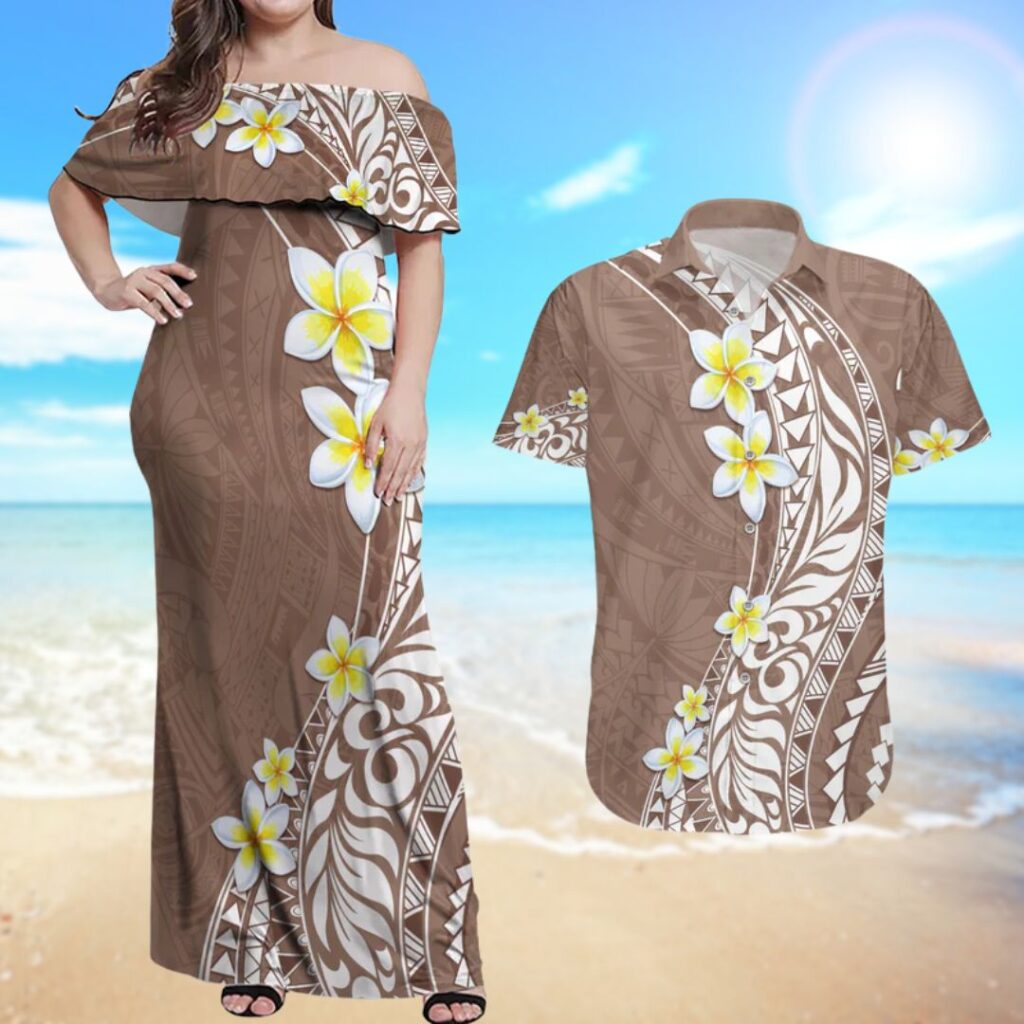Hawaii Aloha Couples Matching Off Shoulder Maxi Dress and Hawaiian Shirt Plumeria Vintage Brown - hawaiian dress for party