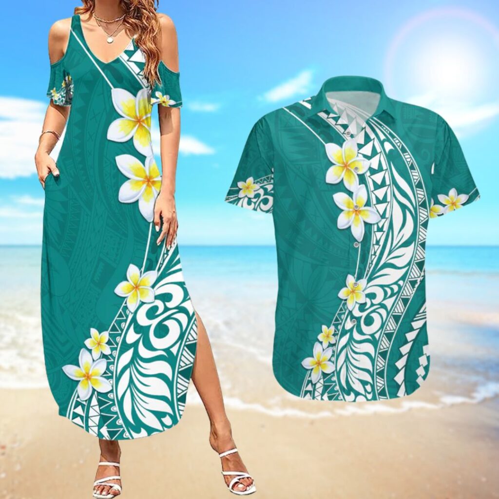 Hawaii Aloha Couples Matching Summer Maxi Dress and Hawaiian Shirt Plumeria Vintage - hawaiian dress for party