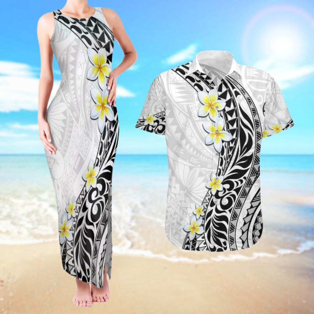 Hawaii Aloha Couples Matching Tank Maxi Dress and Hawaiian Shirt Plumeria Vintage White - hawaiian dress for party