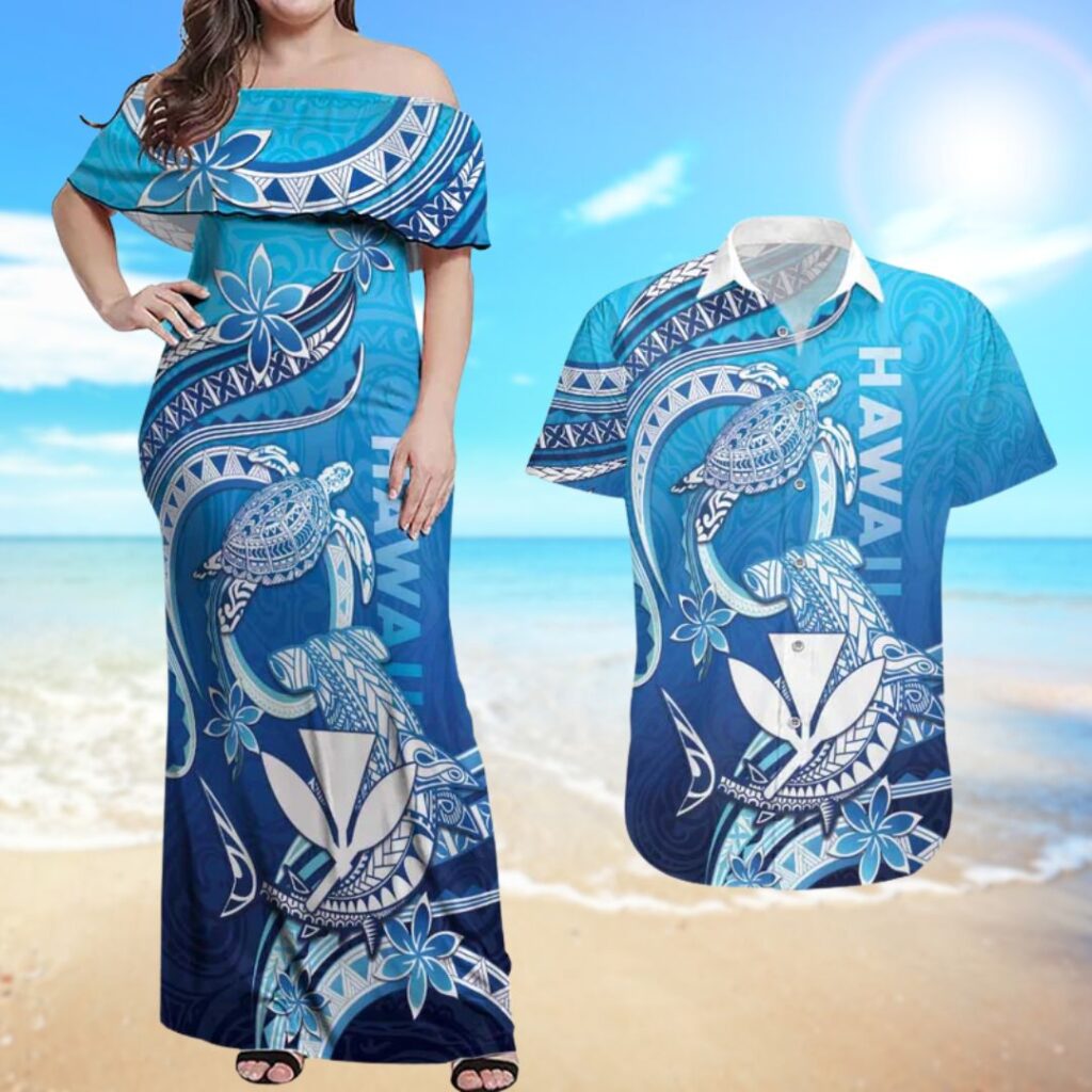 Hawaii Couples Matching Off Shoulder Maxi Dress and Hawaiian Shirt Turtle With Hammerhead Shark Oceanic - hawaiian dress for party