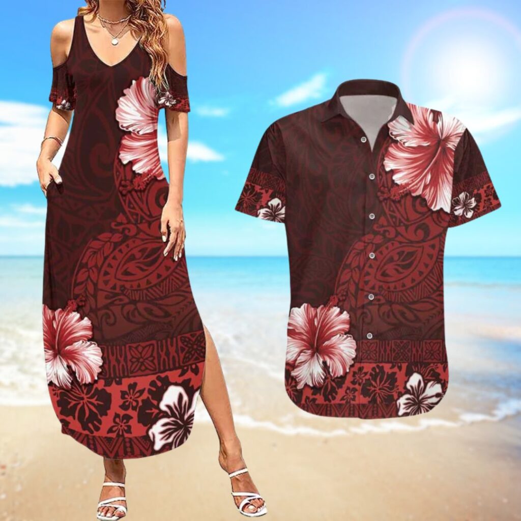Hawaii Hibiscus With Oxblood Polynesian Pattern Couples Matching Summer Maxi Dress and Hawaiian Shirt - hawaiian dress for party
