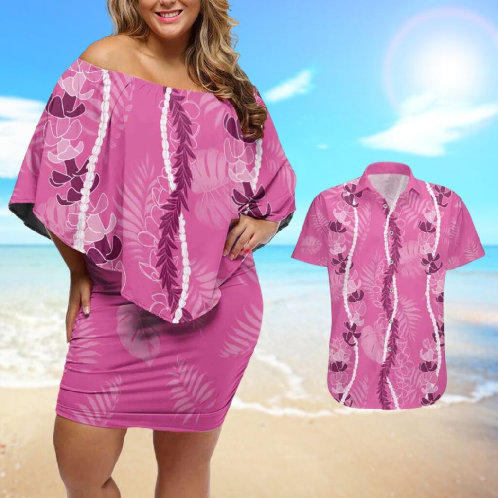 Hawaii Maile Lei Couples Matching Off Shoulder Short Dress and Hawaiian Shirt With Pink Monstera Pattern - hawaiian dress for party
