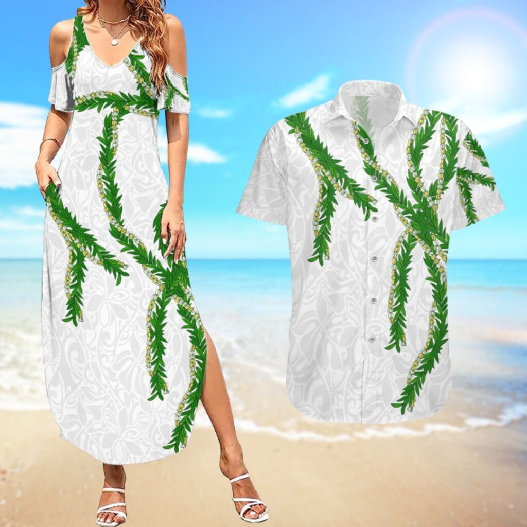 Hawaii Maile Lei Couples Matching Summer Maxi Dress and Hawaiian Shirt Aloha White Color - hawaiian dress for party