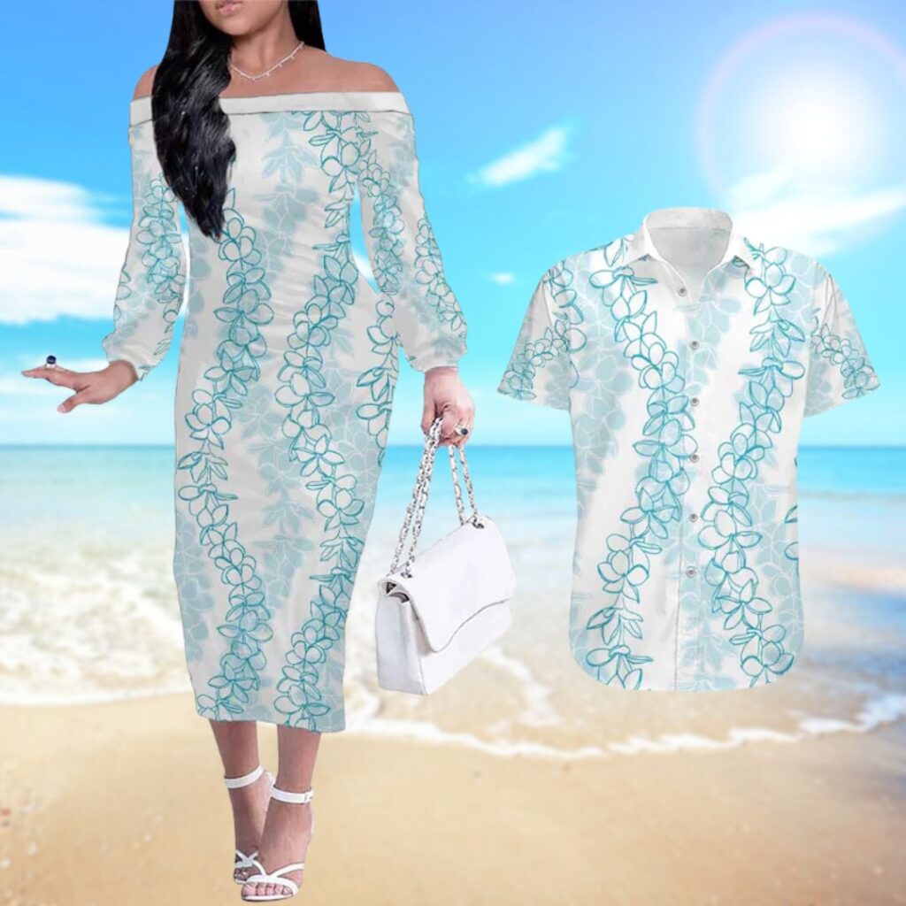 Hawaii Plumeria Lei Couples Matching Off The Shoulder Long Sleeve Dress and Hawaiian Shirt Aloha Festive Vibe - hawaiian dress for party