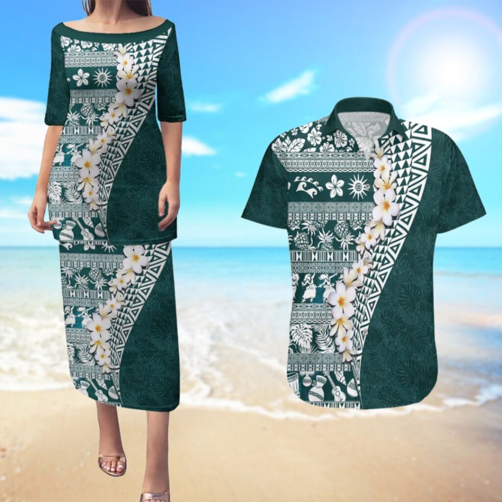 Hawaii Plumeria Tribal Vintage Couples Matching Puletasi and Hawaiian Shirt Special Turquoise - hawaiian dress for party