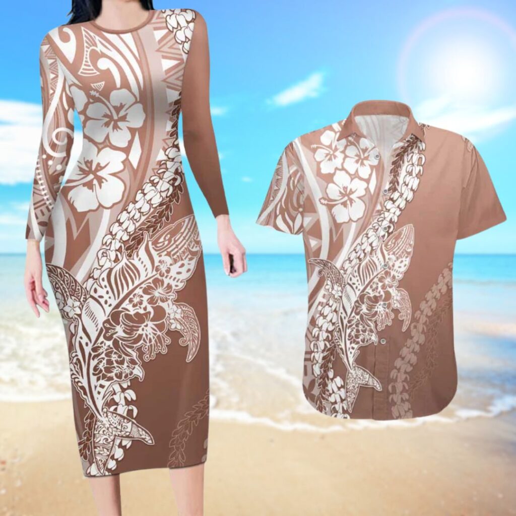 Hawaii Puakenikeni And Maile Lei Couples Matching Long Sleeve Bodycon Dress and Hawaiian Shirt Brown Polynesian Shark Tattoo - hawaiian dress for party