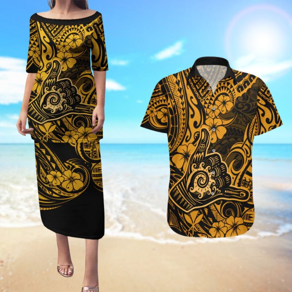 Hawaii Shaka Sign Couples Matching Puletasi Dress and Hawaiian Shirt With Polynesian Hibiscus Gold Unique - hawaiian dress for party
