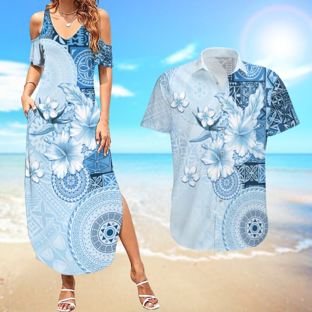 Hawaii Tapa Pattern With Blue Hibiscus Couples Matching Summer Maxi Dress and Hawaiian Shirt - hawaiian dress for party