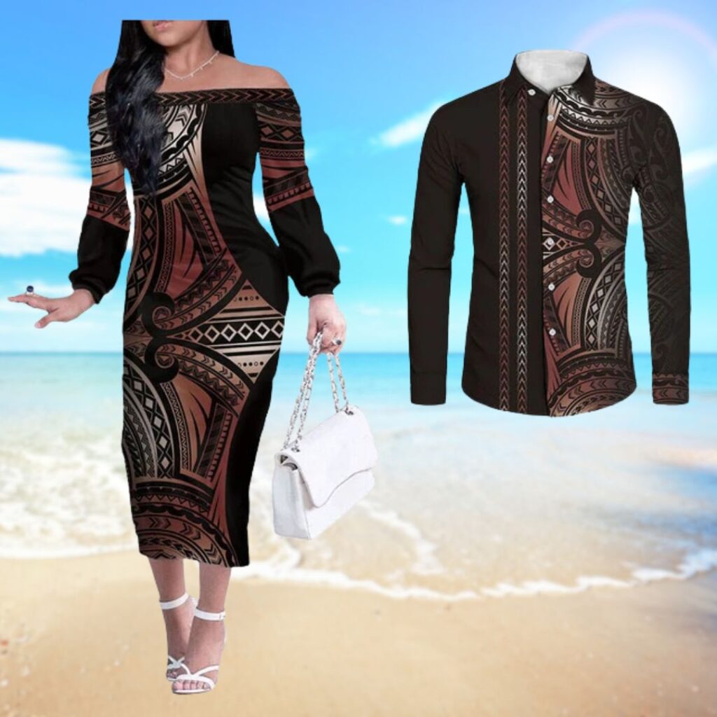 Hawaii Tribal Couples Matching Hawaiian Outfits Polynesian Long Sleeve Dress And Long Sleeve Button Shirt Black Style - hawaiian dress for party