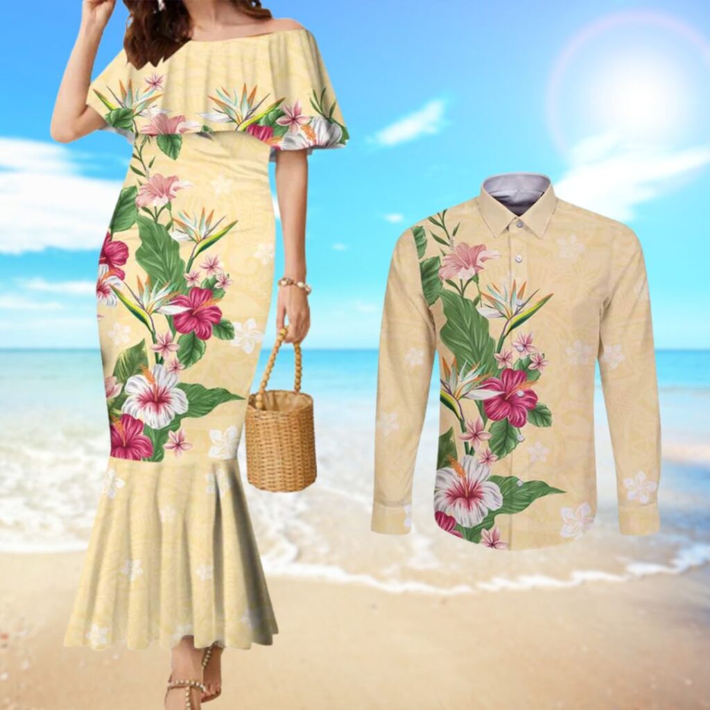 Hawaii Tropical Flowers Couples Matching Mermaid Dress and Long Sleeve Button Shirt Polynesian Tattoo Buttermilk - hawaiian dress for party