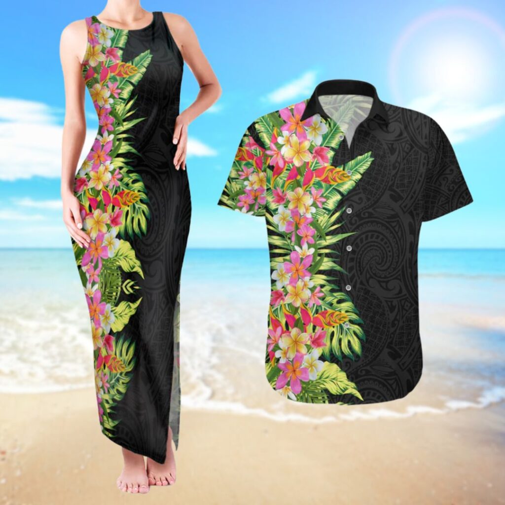 Hawaii Tropical Flowers Tribal Pattern Couples Matching Tank Maxi Dress and Hawaiian Shirt - hawaiian dress for party