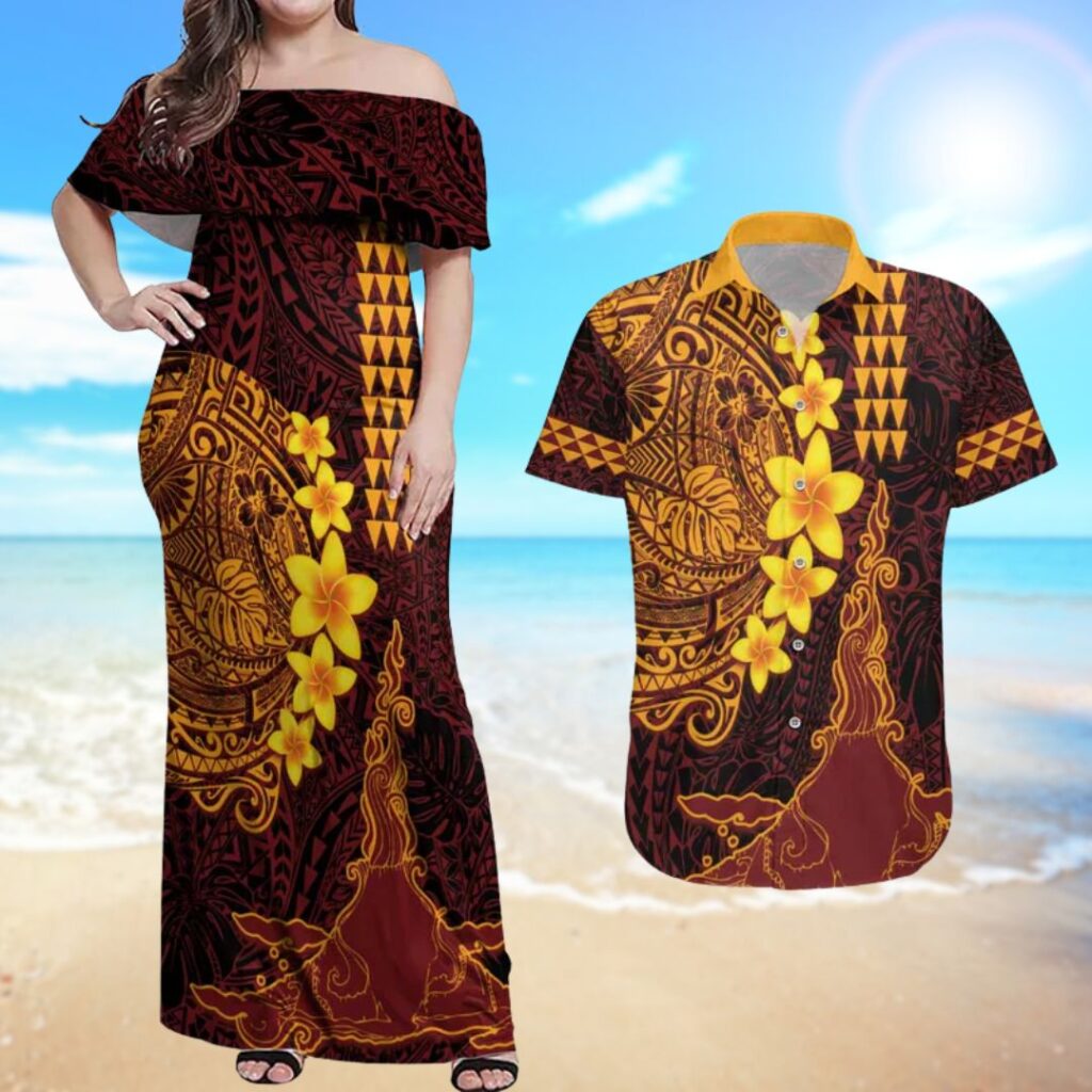 Hawaii Volcano Couples Matching Off Shoulder Maxi Dress and Hawaiian Shirt Polynesian and Kakau Pattern - hawaiian dress for party