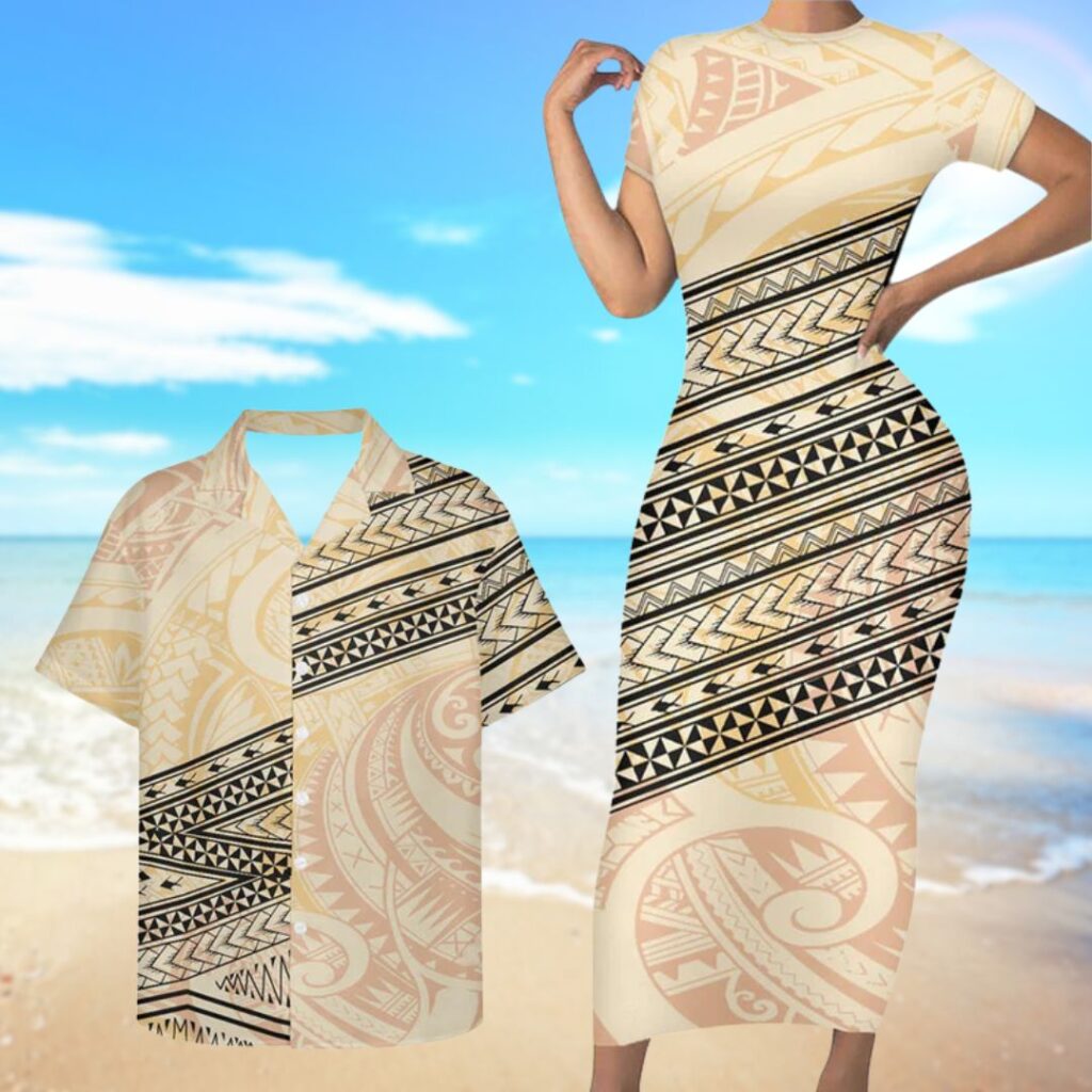 Matching Outfit For Couples Hawaiian Polynesian Tribal Grey Bodycon Dress And Hawaii Shirt - hawaiian dress for party