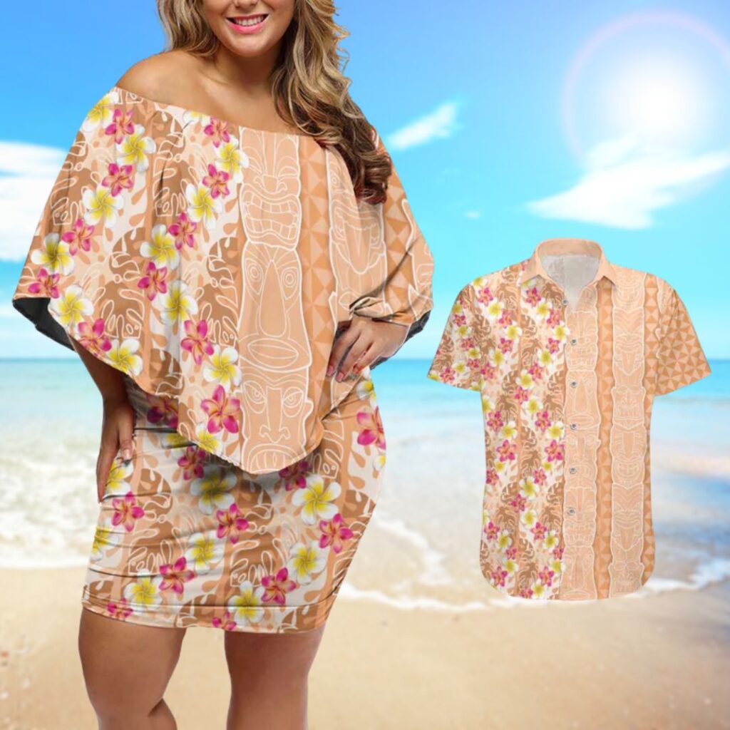 Orange Chiffon Aloha Hawaii Tiki Couples Matching Off Shoulder Short Dress and Hawaiian Shirt - hawaiian dress for party