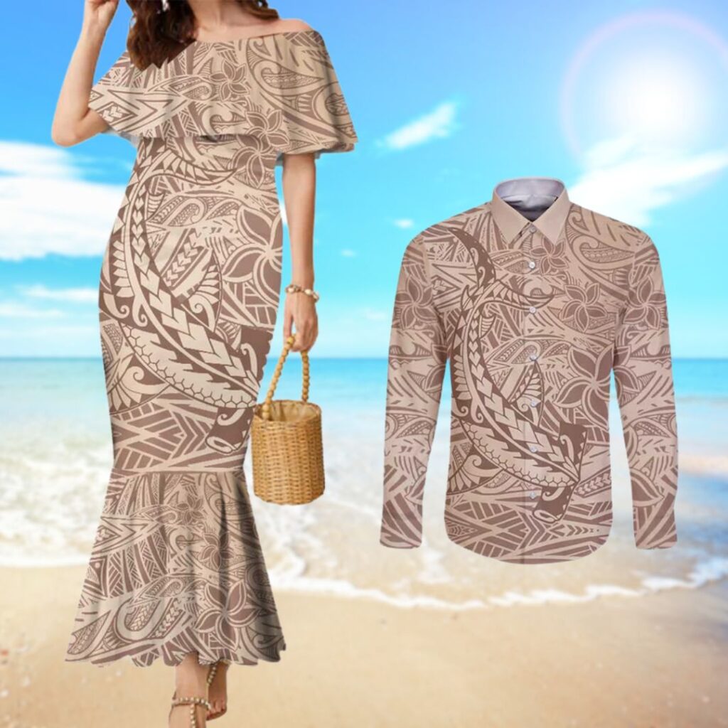 Pastel Brown Polynesia Couples Matching Mermaid Dress and Long Sleeve Button Shirt Hawaiian Tribal Hammerhead Shark Tattoo - hawaiian dress for party