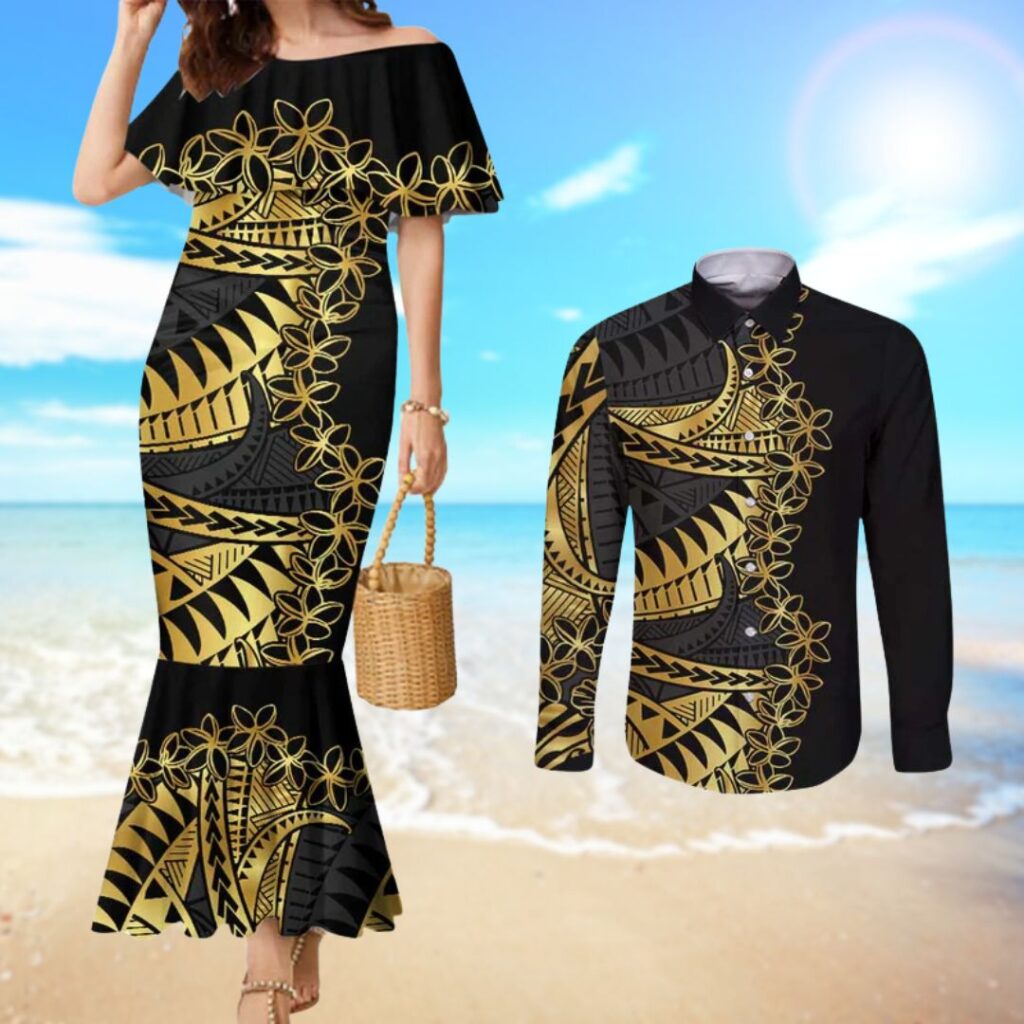 Polynesia Couples Matching Mermaid Dress and Long Sleeve Button Shirt Black Gold Fancy Plumeria - hawaiian dress for party