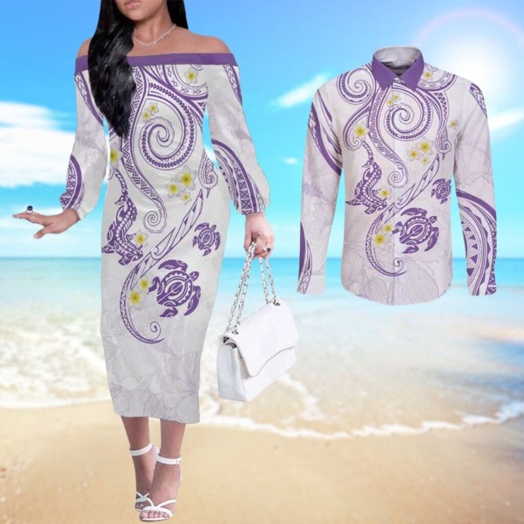 Polynesia Tribal Couples Matching Off The Shoulder Long Sleeve Dress and Long Sleeve Button Shirt - hawaiian dress for party