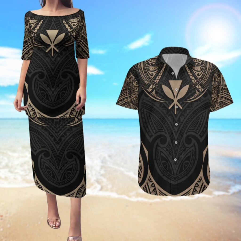 Polynesian Hawaii Tattoo Couples Matching Puletasi Dress and Hawaiian Shirt - hawaiian dress for party