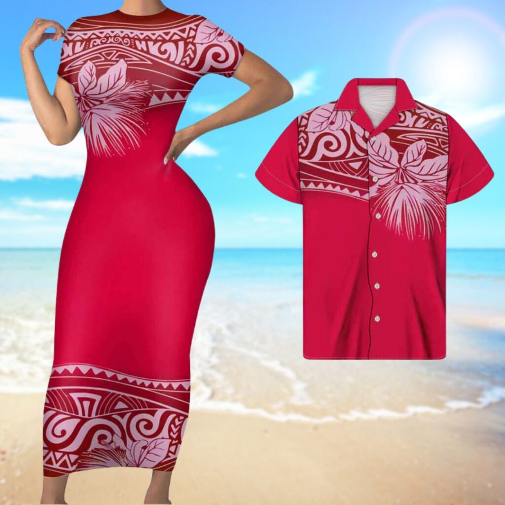 Polynesian Pride Hawaii Matching Outfit For Couples Hawaii Flowers Red Bodycon Dress And Hawaii Shirt - hawaiian dress for party