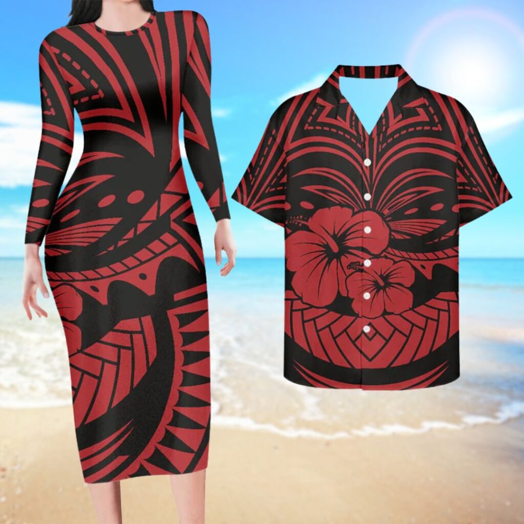 Polynesian Pride Hawaii Matching Outfit For Couples Hawaii Hibiscus Red Bodycon Dress And Hawaii Shirt - hawaiian dress for party