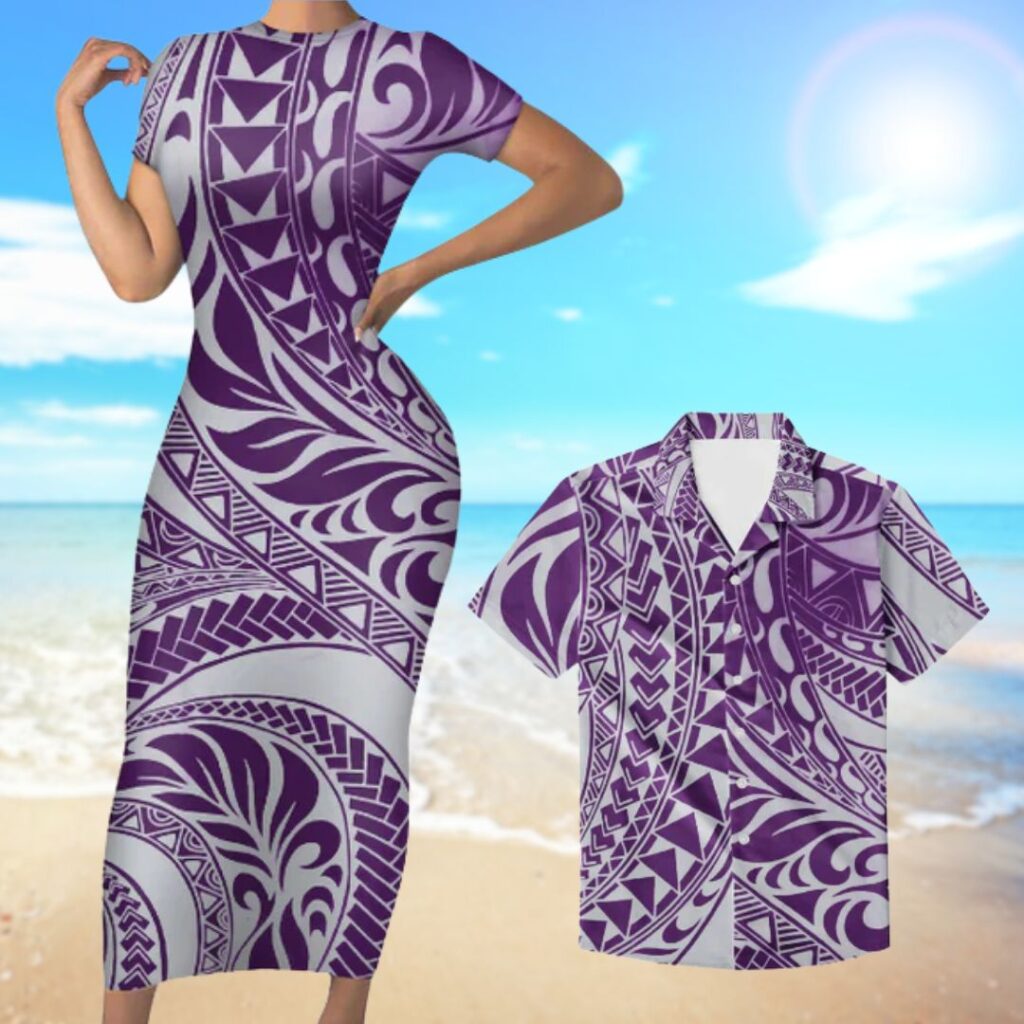 Polynesian Pride Hawaii Matching Outfit For Couples Polynesian Tribal Purple Short Sleeve Body Long Dress And Hawaii Shirt - hawaiian dress for party
