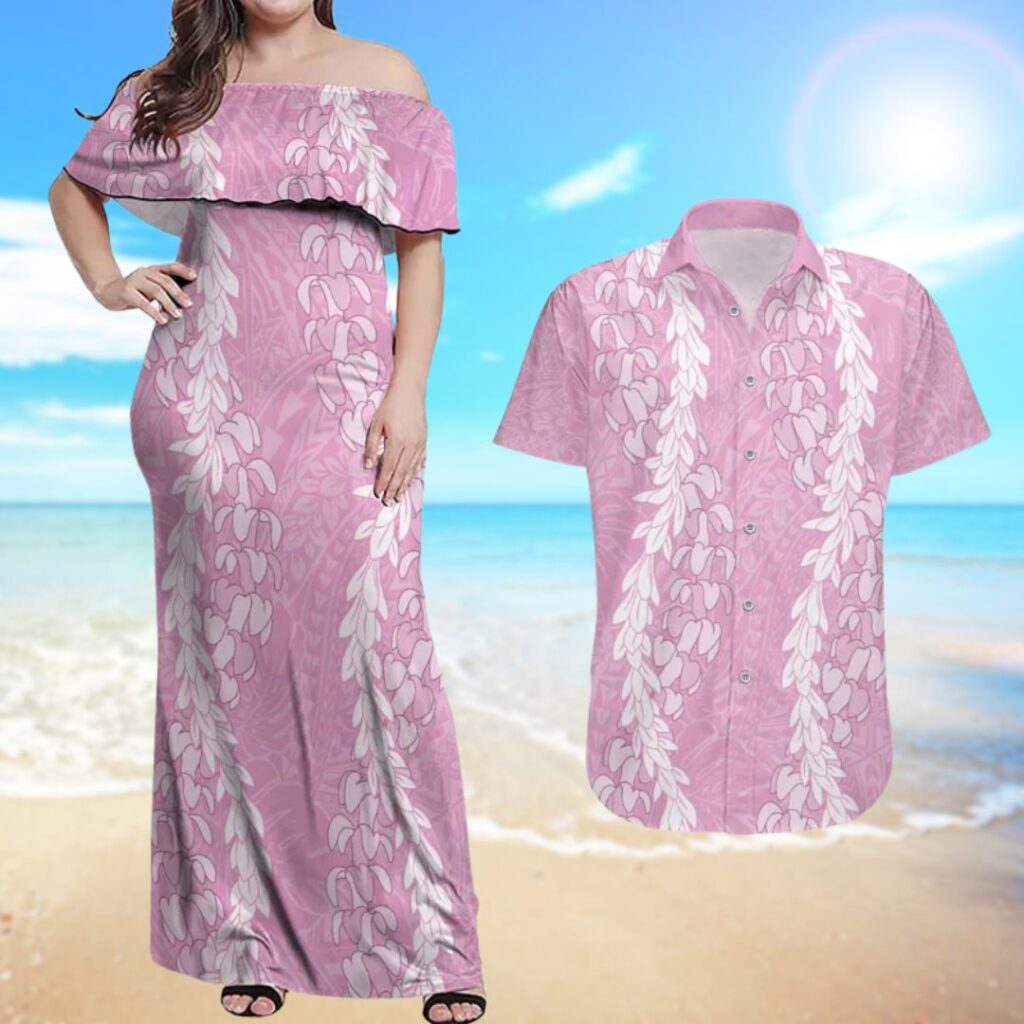 Puakenikeni and Maile Lei Couples Matching Off Shoulder Maxi Dress and Hawaiian Shirt Pink Double Strand Lei - hawaiian dress for party