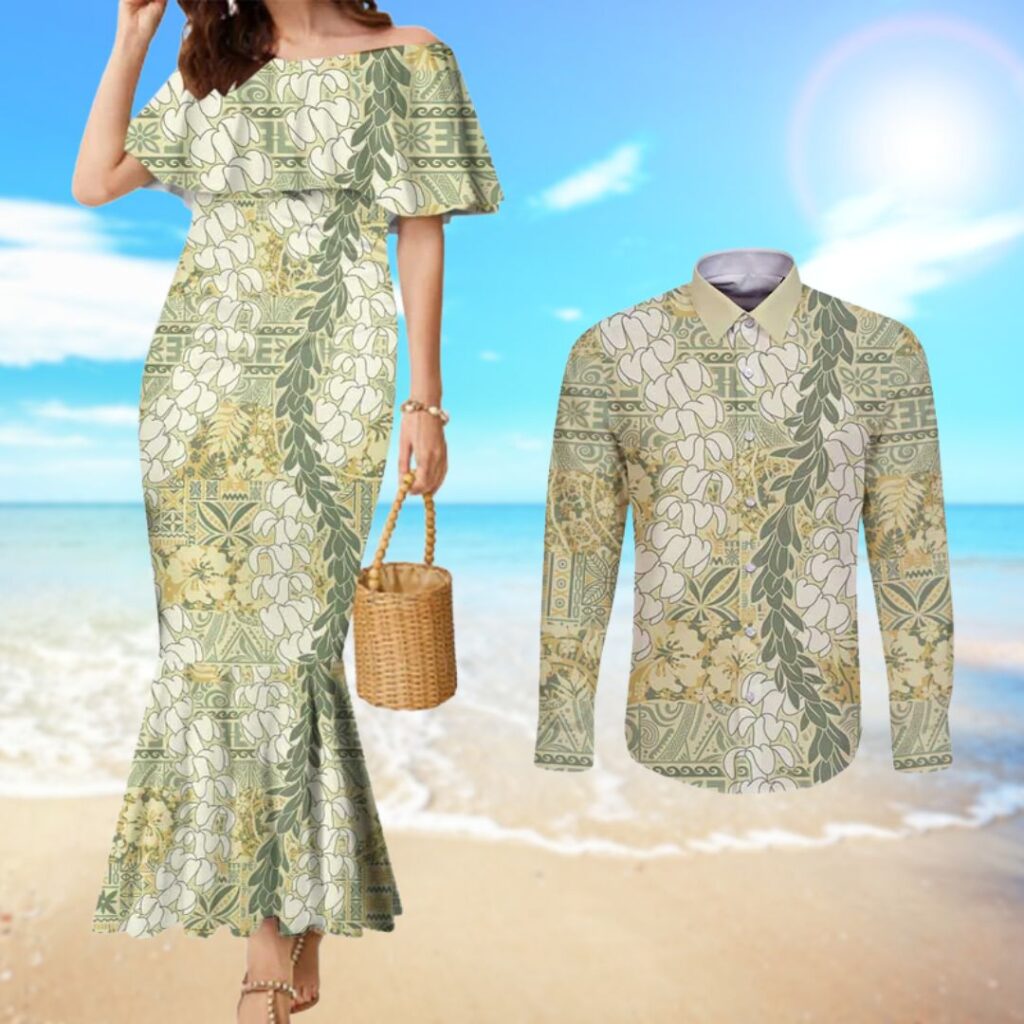 Vintage Puakenikeni and Maile Lei Couples Matching Mermaid Dress and Long Sleeve Button Shirt Hawaiian Style - hawaiian dress for party
