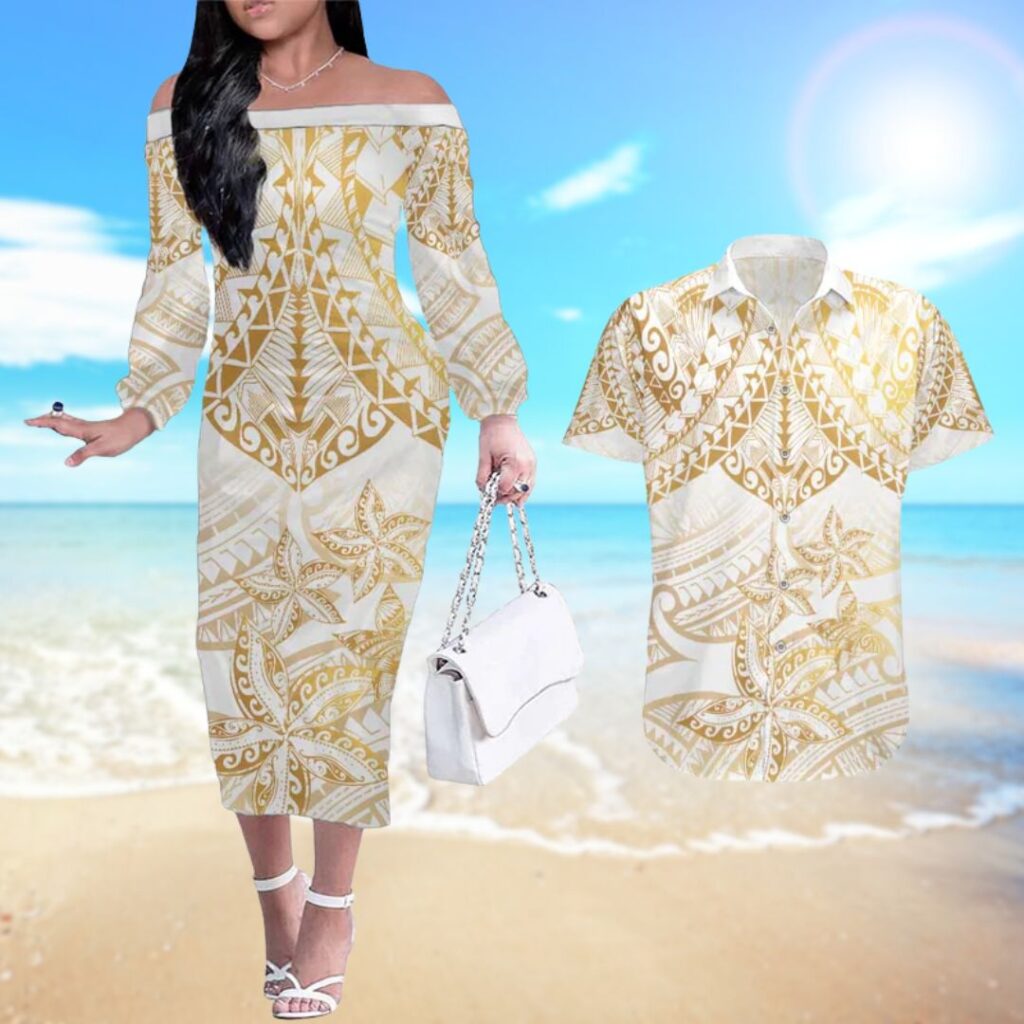White and Gold Polynesia Couples Matching Off The Shoulder Long Sleeve Dress and Hawaiian Shirt - hawaiian dress for party