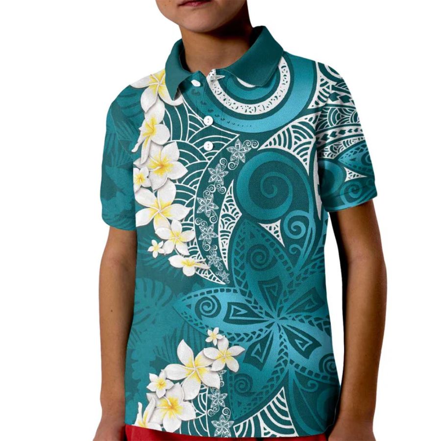 Cyan Polynesian Tribal Frangipani Tropical Vibe Kid Polo Shirt - Back to School Clothing for Island Student Cyan Polynesian Tribal Frangipani Tropical Vibe Kid Polo Shirt