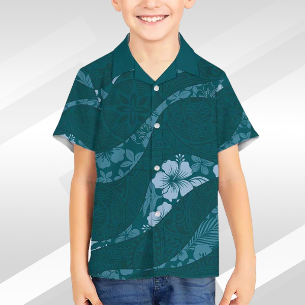 Aloha Hawaii Floral Tapa Kid Hawaiian Shirt Patchwork Teal LT7