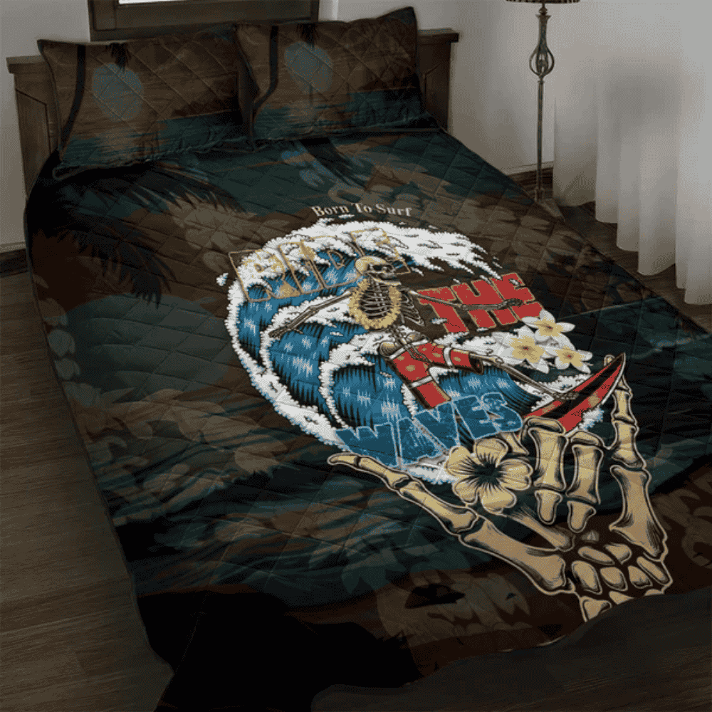 Aloha Hawaii Surfing Skull Quilt Bed Set Shaka Skeleton Ride The Waves LT14