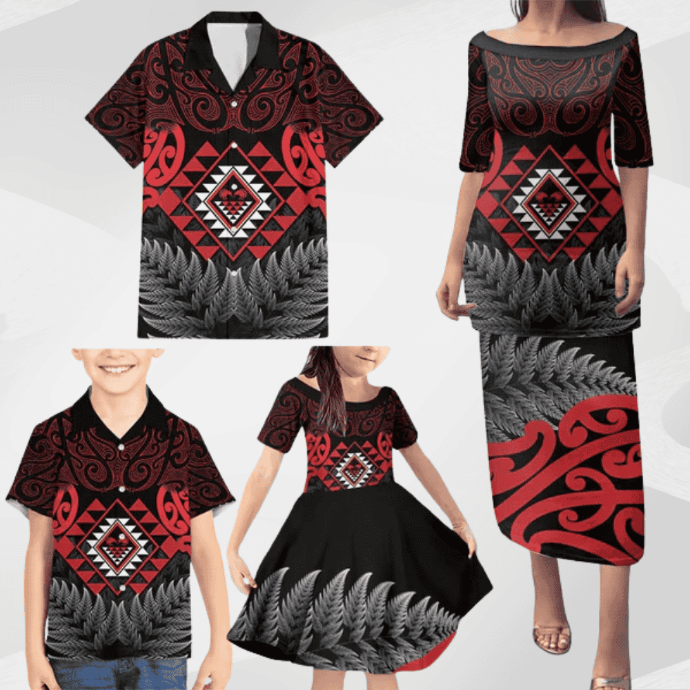 Aotearoa Kiwi Taniko Family Matching Puletasi and Hawaiian Shirt Silver Fern With Maori Koru Pattern LT14