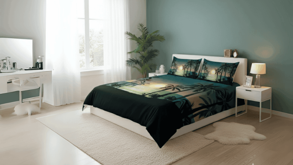 Bedroom with Hawaiian Palm Tree Sunset On The Beach Polynesian Bedding Set - home decor Bedroom with Hawaiian Palm Tree Sunset On The Beach Polynesian Bedding Set