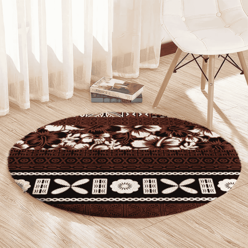 Bula Fiji Round Carpet Fijian Tapa Masi With Hibiscus Flowers LT14