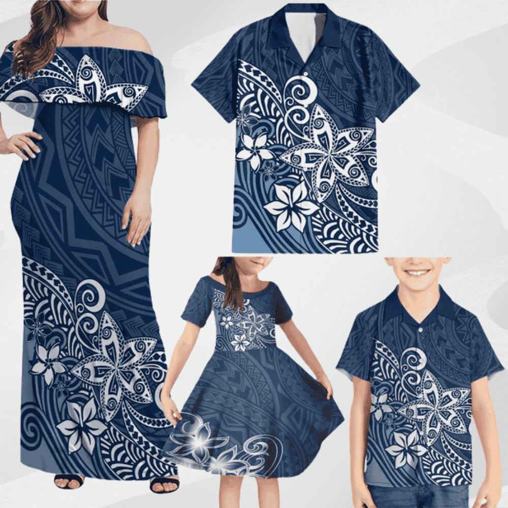 Hawaii Family Matching Outfits Polynesia Off Shoulder Maxi Dress And Shirt Family Set Clothes Plumeria Navy Curves LT7