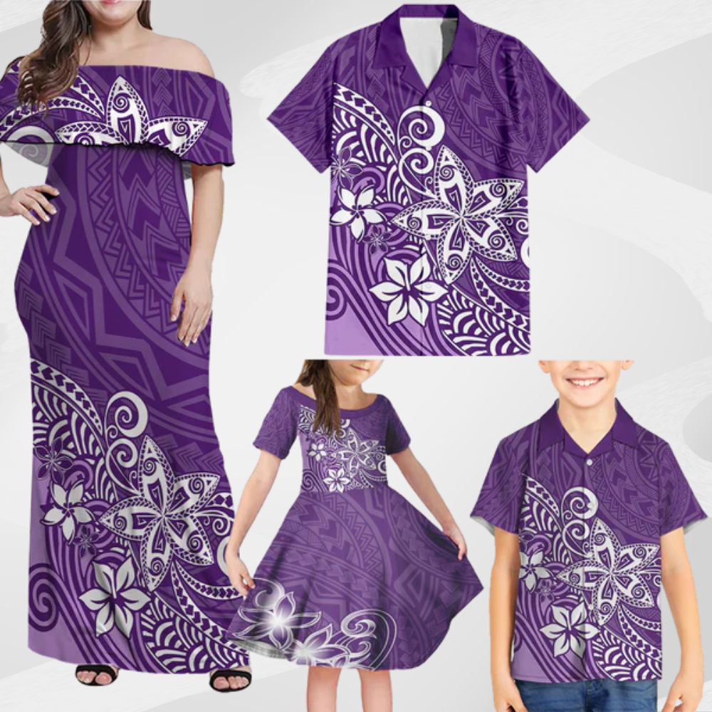 Hawaii Family Matching Outfits Polynesia Off Shoulder Maxi Dress And Shirt Family Set Clothes Plumeria Purple Curves LT7