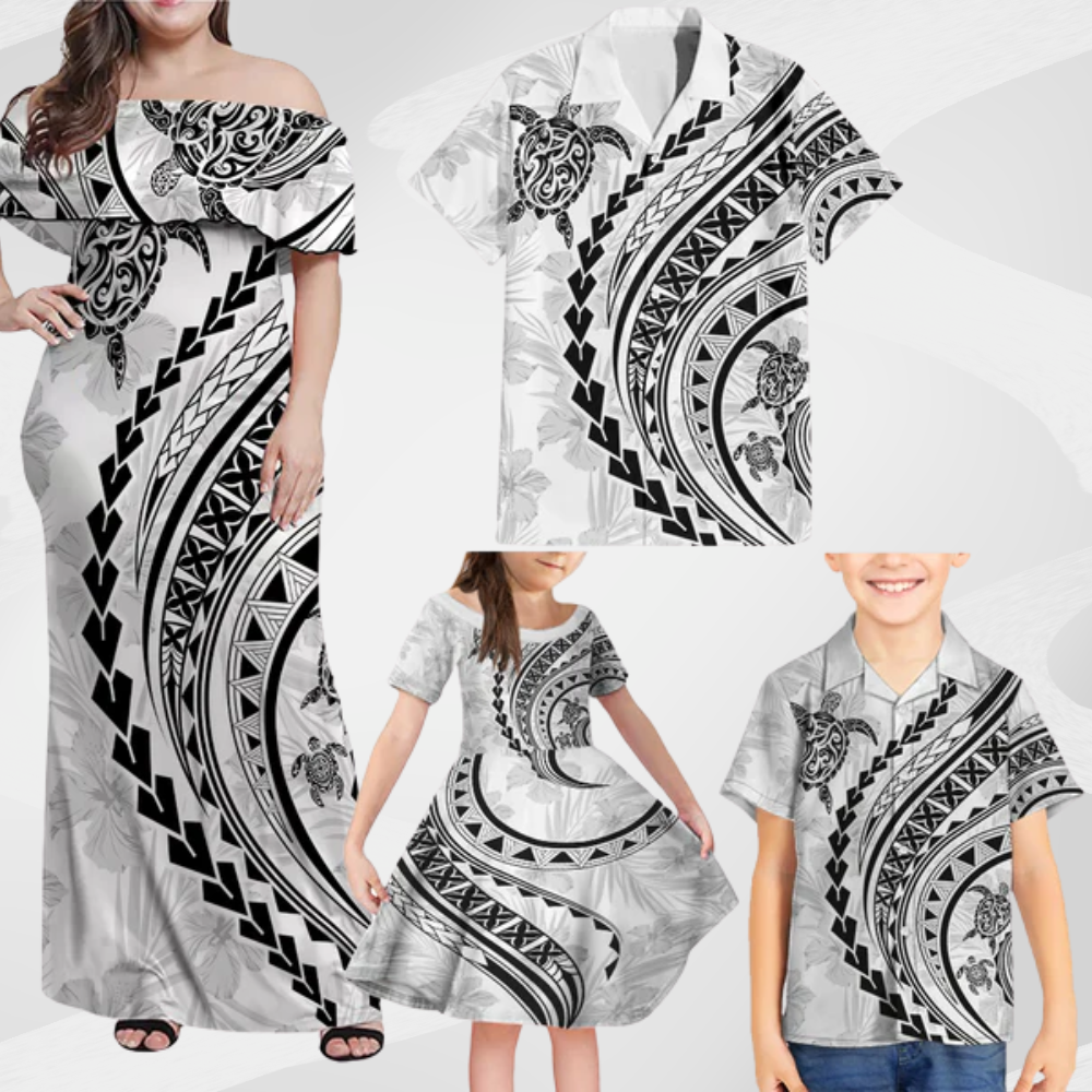 Hawaii Family Matching Outfits Polynesian Pride Off Shoulder Maxi Dress And Shirt Family Set Clothes Turtle Hibiscus Luxury Style - White LT7
