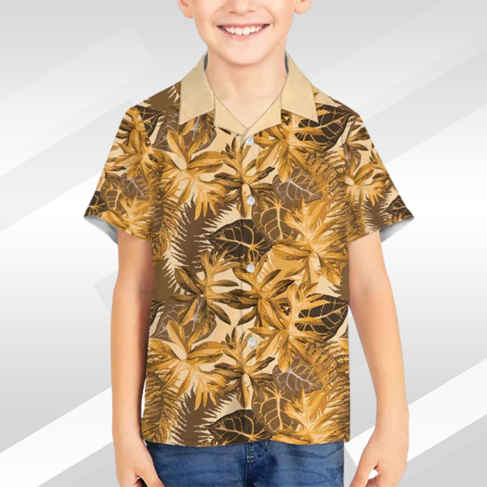 Hawaii Gold Tropical Leaves Kid Hawaiian Shirt LT01