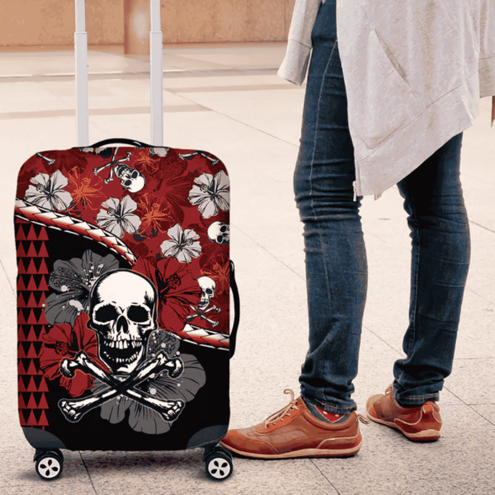 Hawaii Halloween Luggage Cover Hibiscus Skull Kakau Pattern LT01