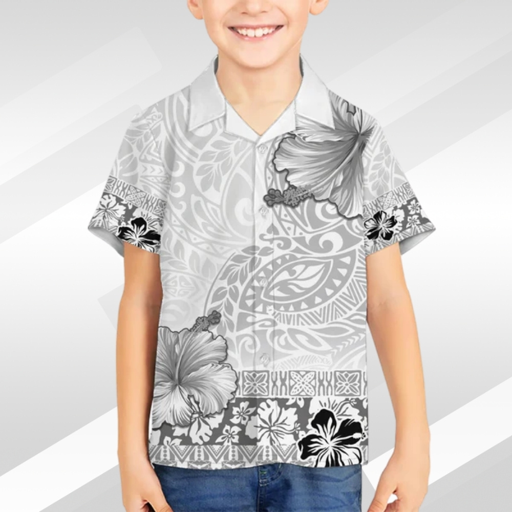 Hawaii Hibiscus With White Polynesian Pattern Kid Hawaiian Shirt LT05